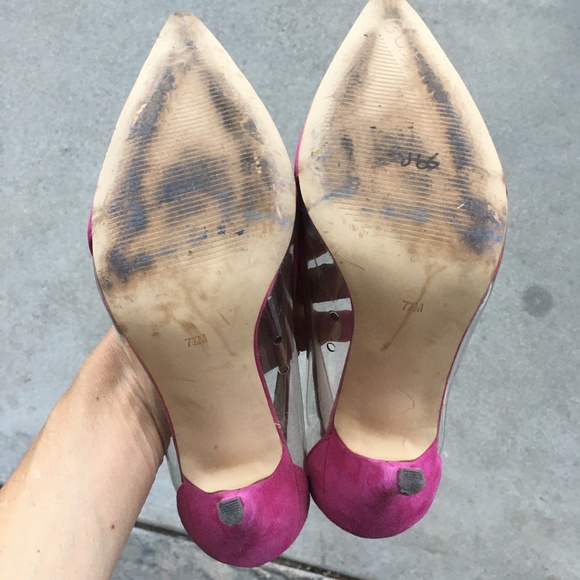 GUESS Pink Suede Clear Lucite Trim Japeen Pumps Heels 7.5 - Picture 9 of 12